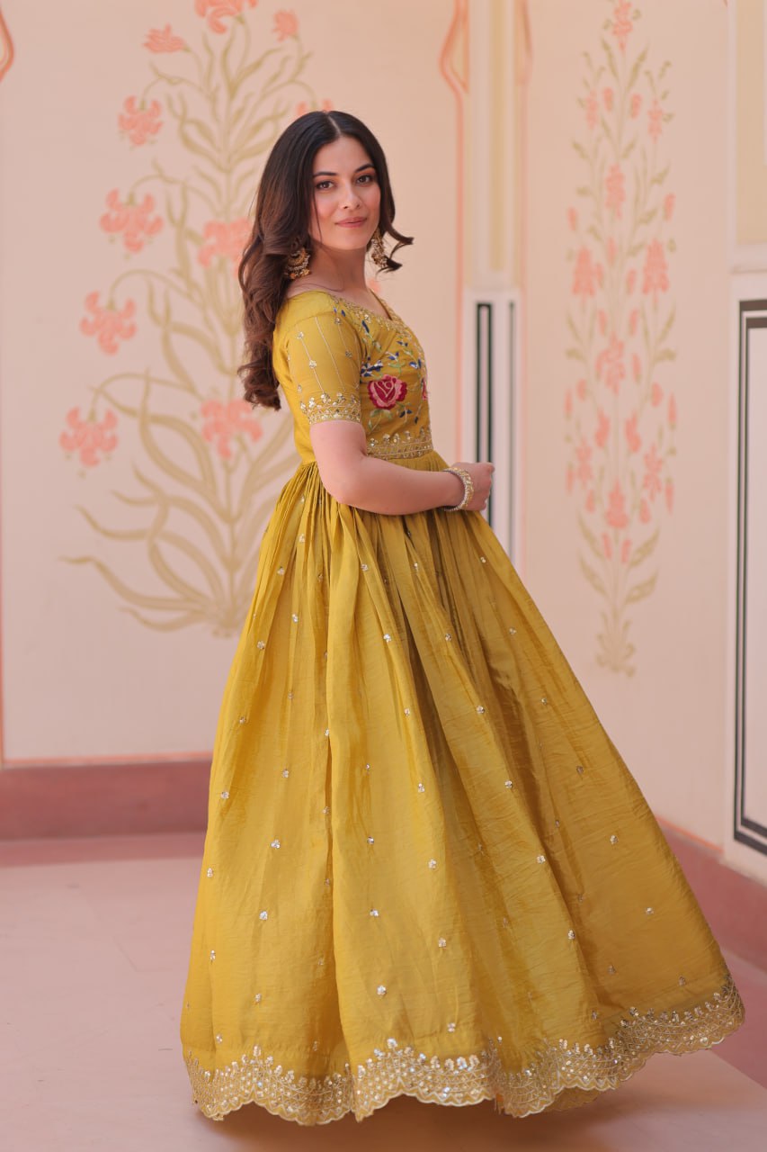 Party Wear Mustard Color Gold Crush With Multi Thread Embroidery Work