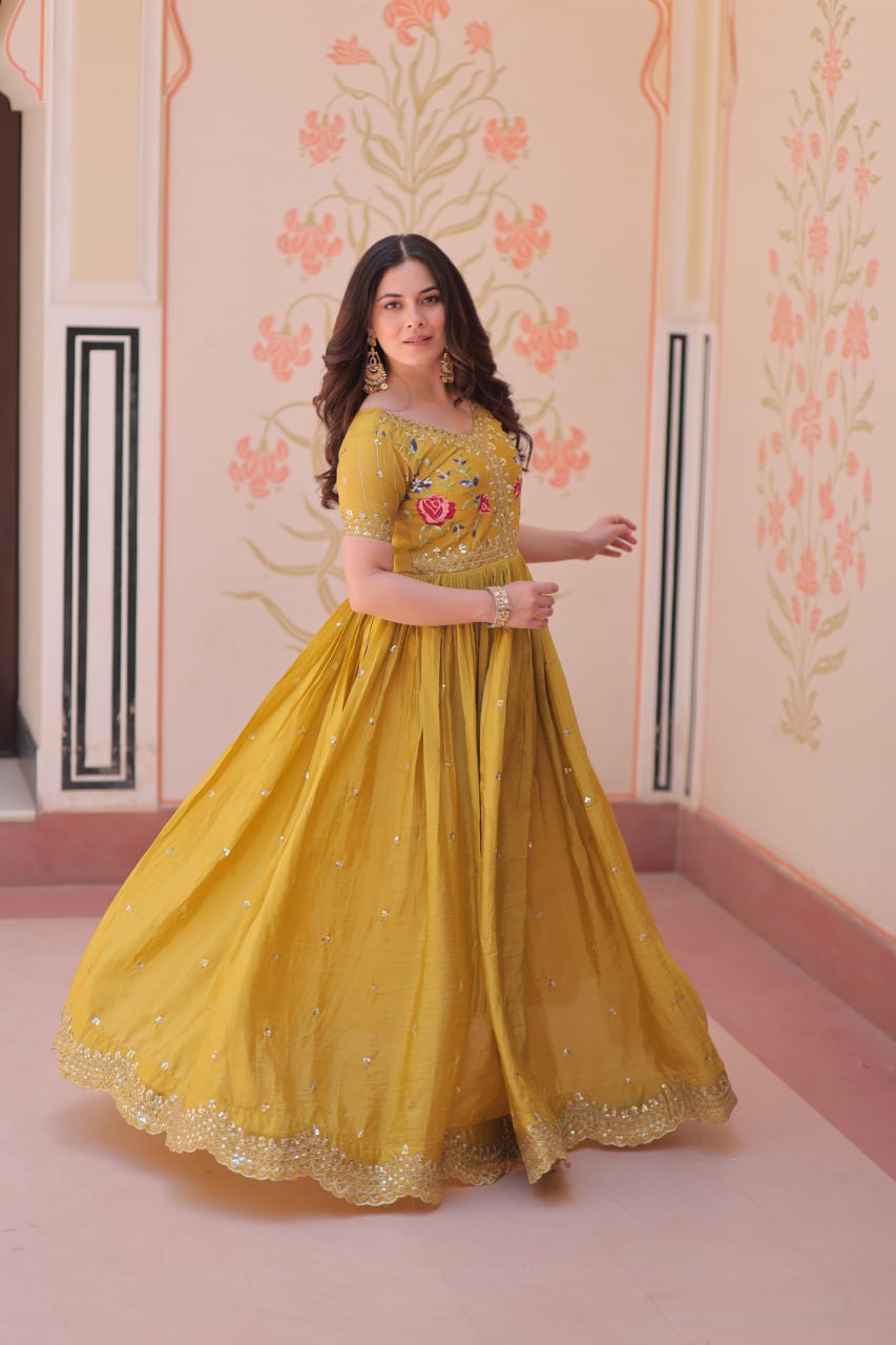 Party Wear Mustard Color Gold Crush With Multi Thread Embroidery Work