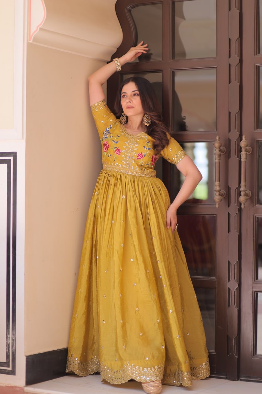 Party Wear Mustard Color Gold Crush With Multi Thread Embroidery Work