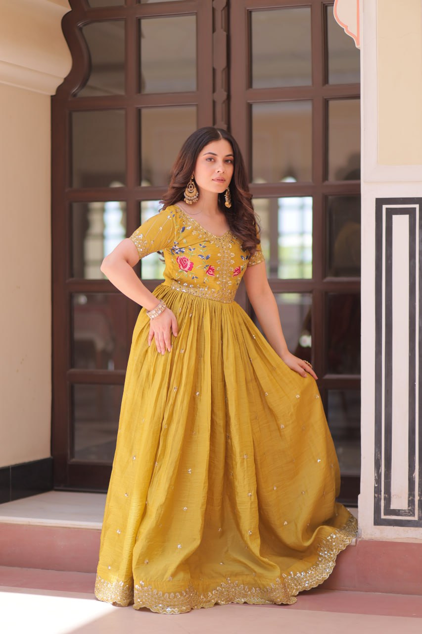Party Wear Mustard Color Gold Crush With Multi Thread Embroidery Work