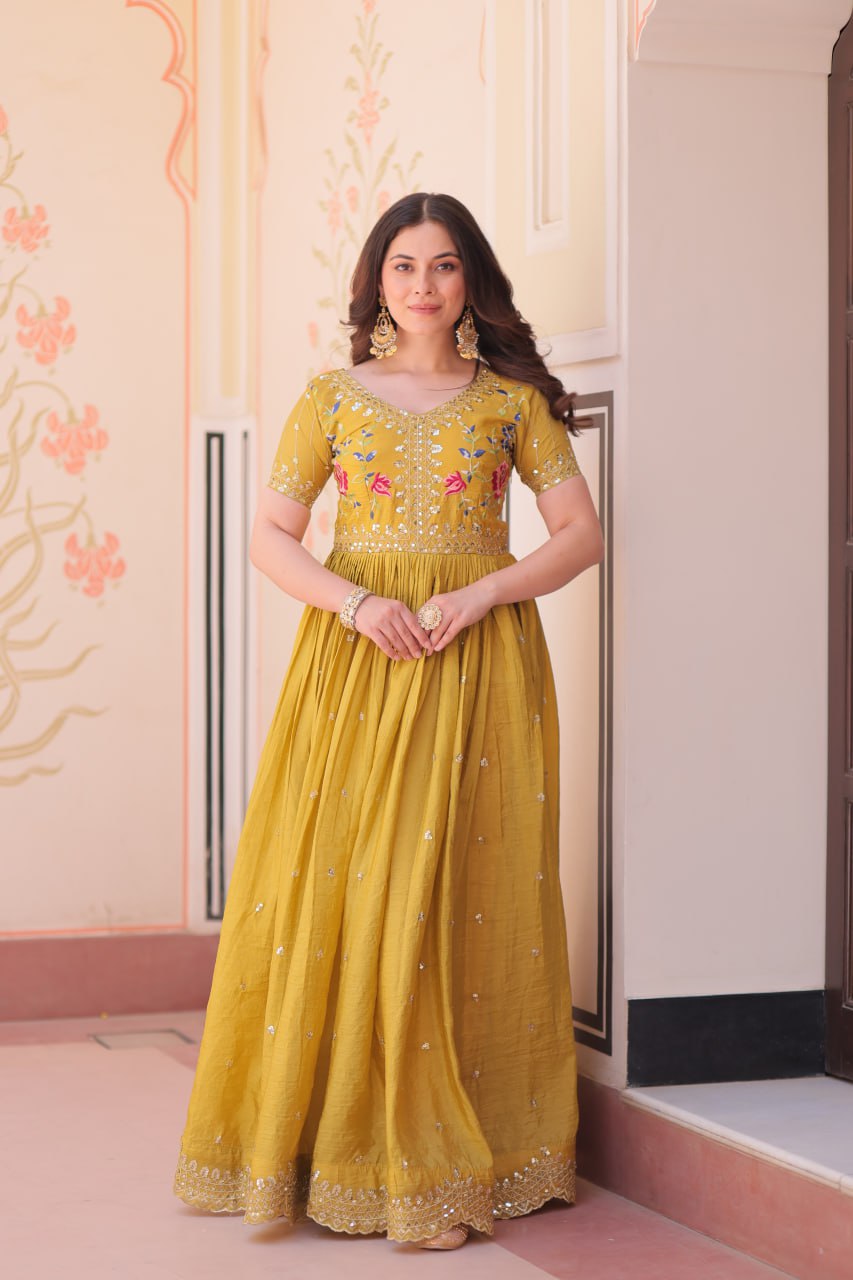 Party Wear Mustard Color Gold Crush With Multi Thread Embroidery Work