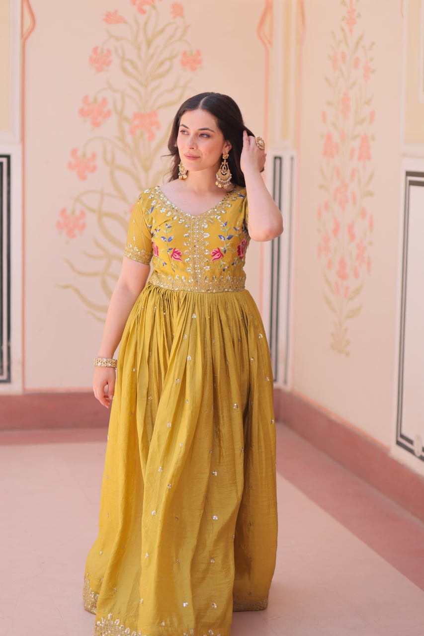 Party Wear Mustard Color Gold Crush With Multi Thread Embroidery Work