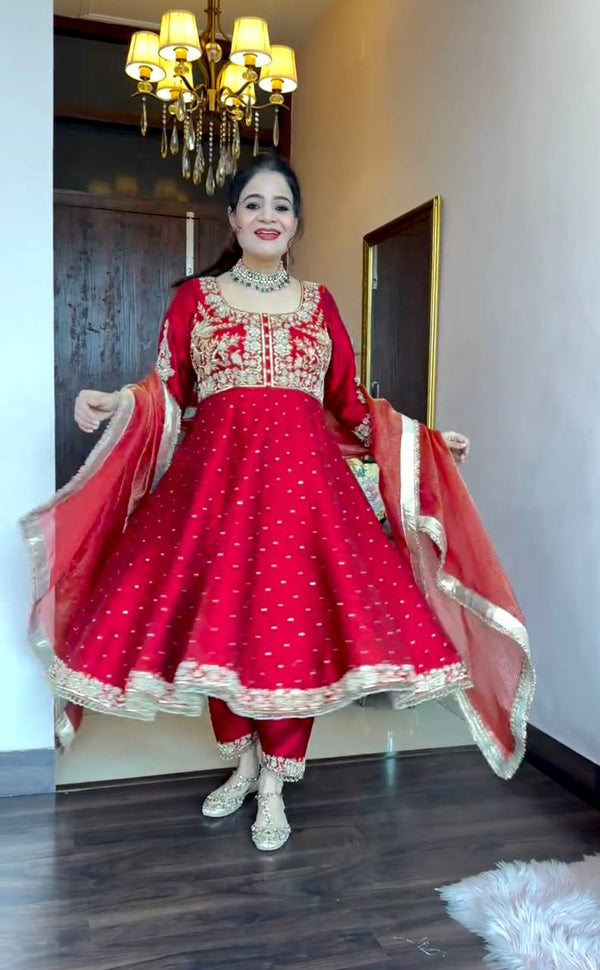 Luxuriant Dark Orange Color Heavy Pure Chinon Silk With Embroidery Sequence Work Anarkali Suit