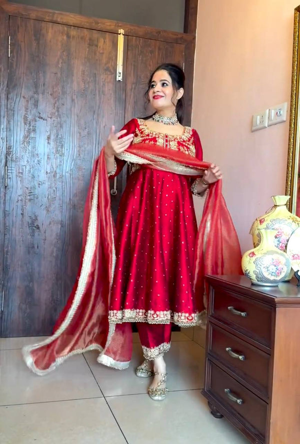 Luxuriant Dark Orange Color Heavy Pure Chinon Silk With Embroidery Sequence Work Anarkali Suit