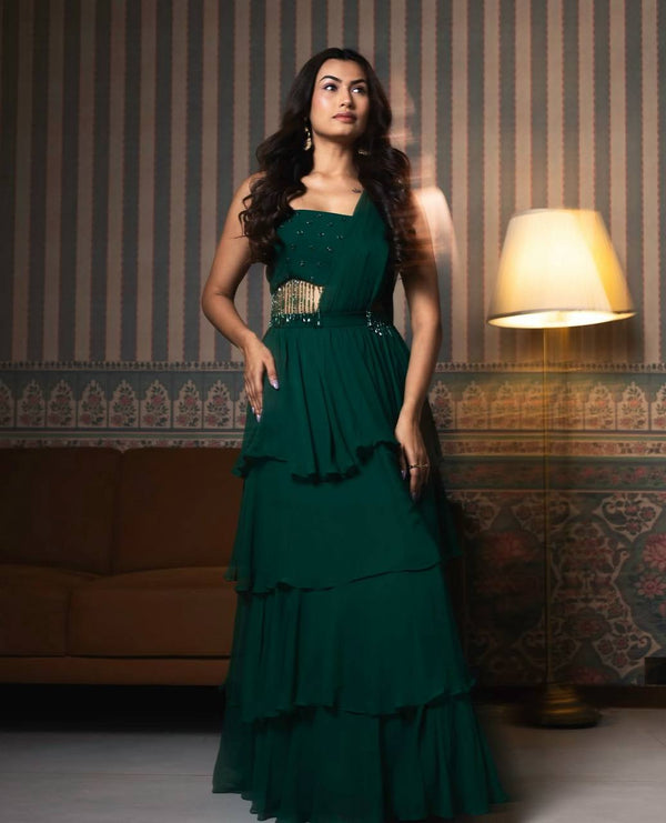 Alluring Green Color Heavy Georgette Designer Ready To Wear Lehenga Saree