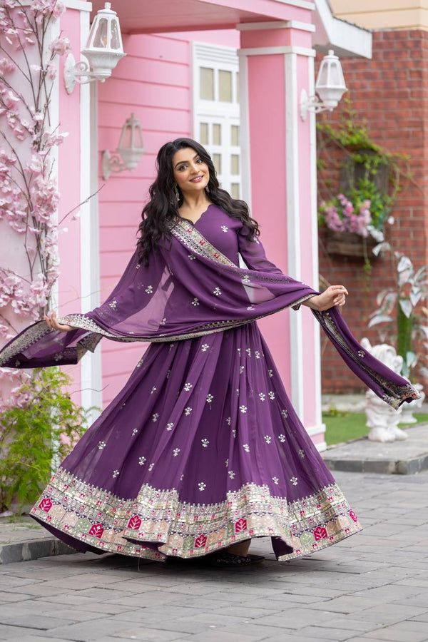 Party Wear Purple Color Faux Georgette With Full Heavy Embroidery Sequence Work Gown