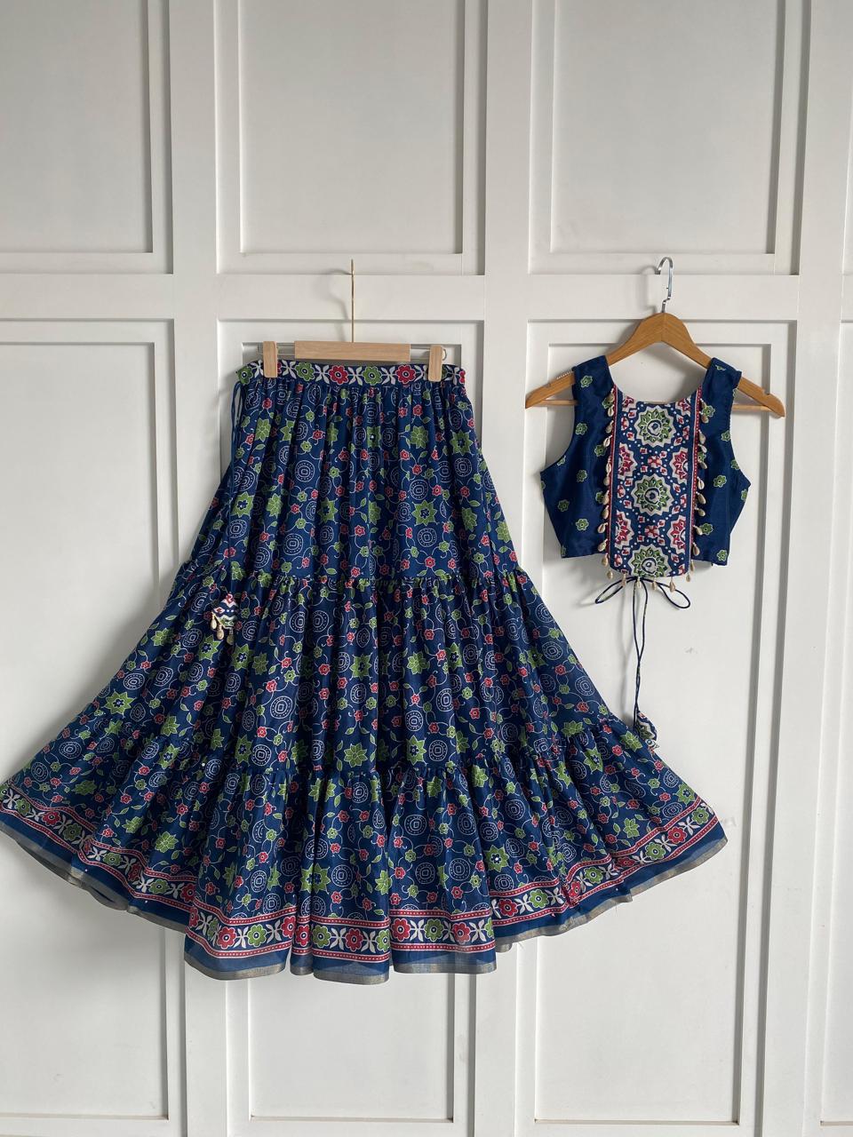 Designer Blue Color Pure Cotton Navratri Wear Lehenga Choli