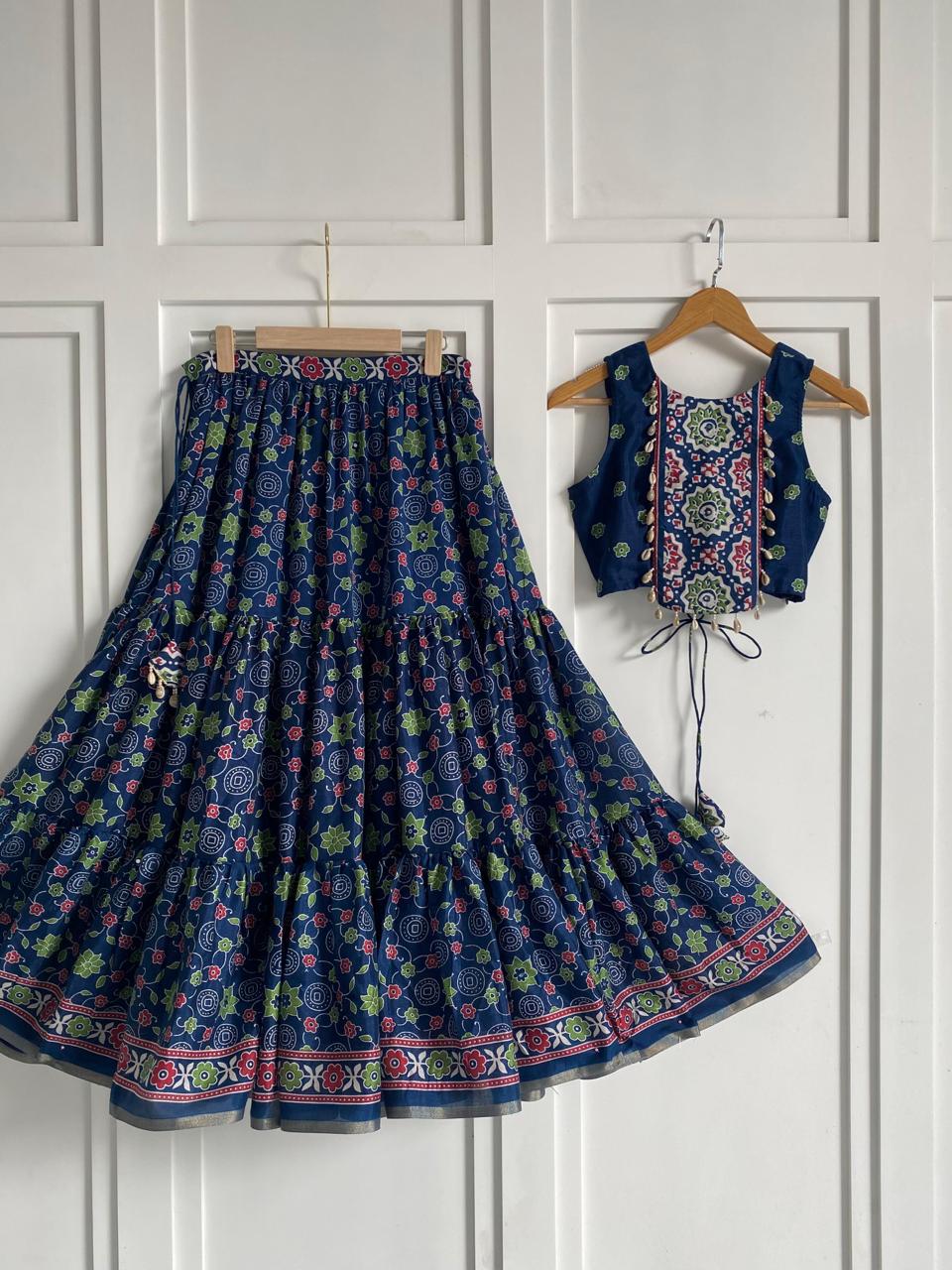 Designer Blue Color Pure Cotton Navratri Wear Lehenga Choli