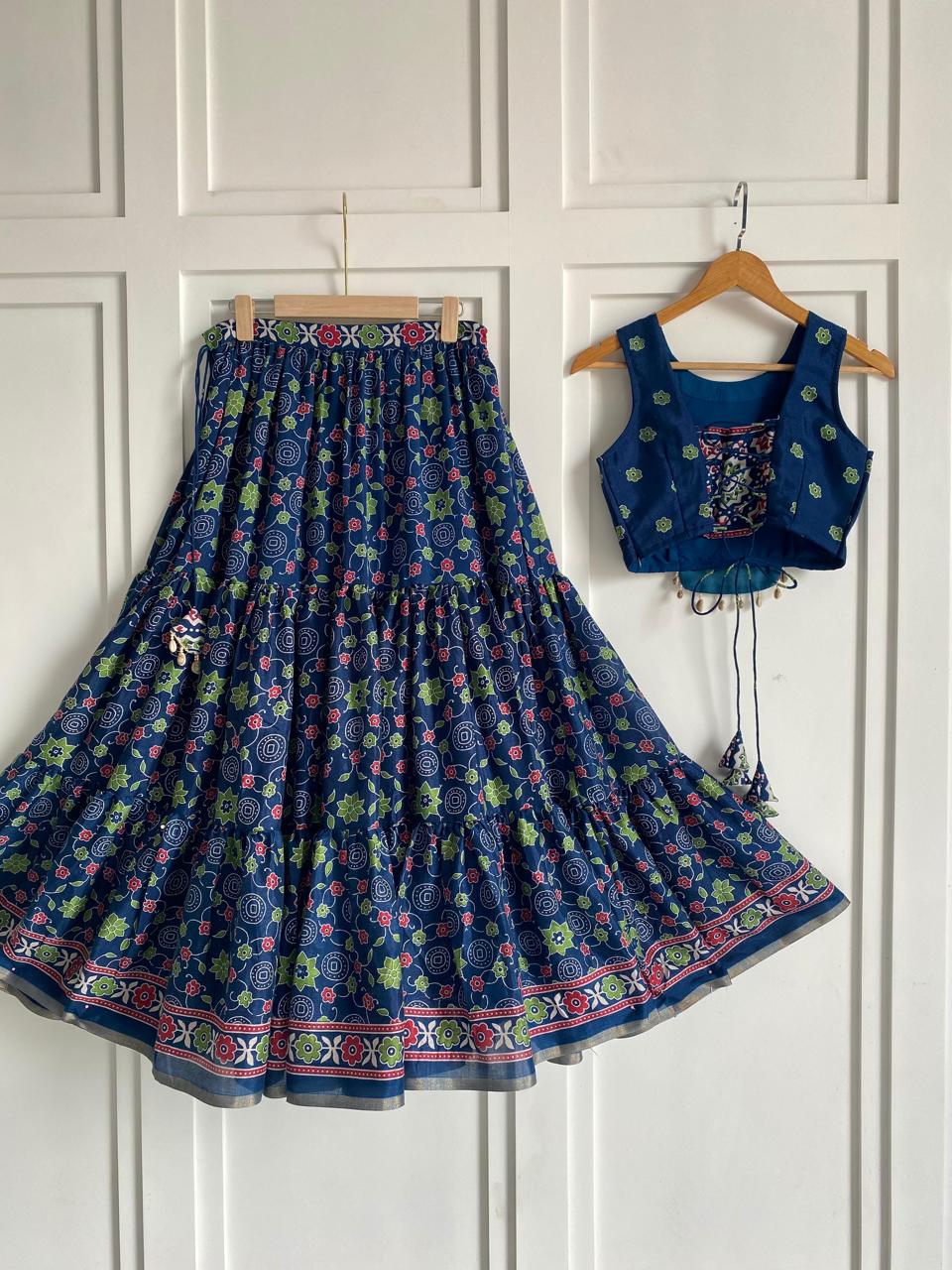 Designer Blue Color Pure Cotton Navratri Wear Lehenga Choli
