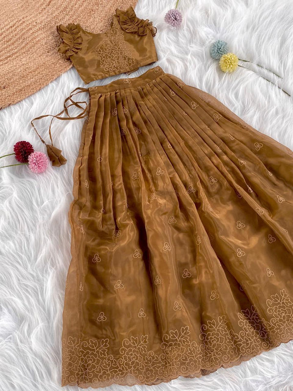 Attractive Brown Color Wedding Wear Kids Lehenga Choli
