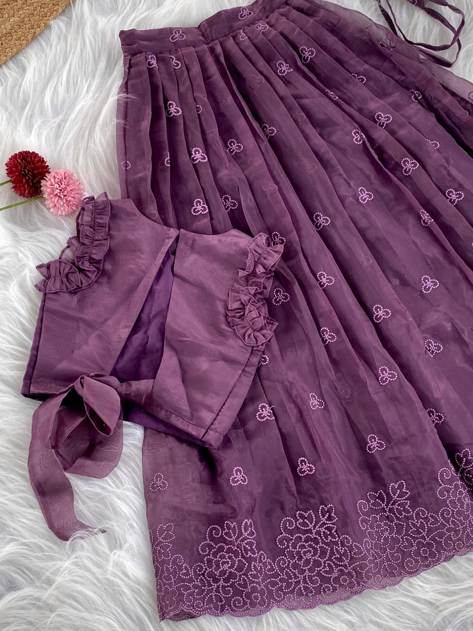 Attractive Dark Purple Color Party Wear Kids Lehenga Choli