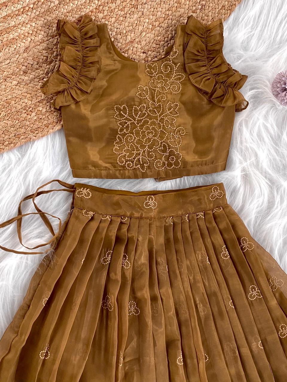 Attractive Brown Color Wedding Wear Kids Lehenga Choli