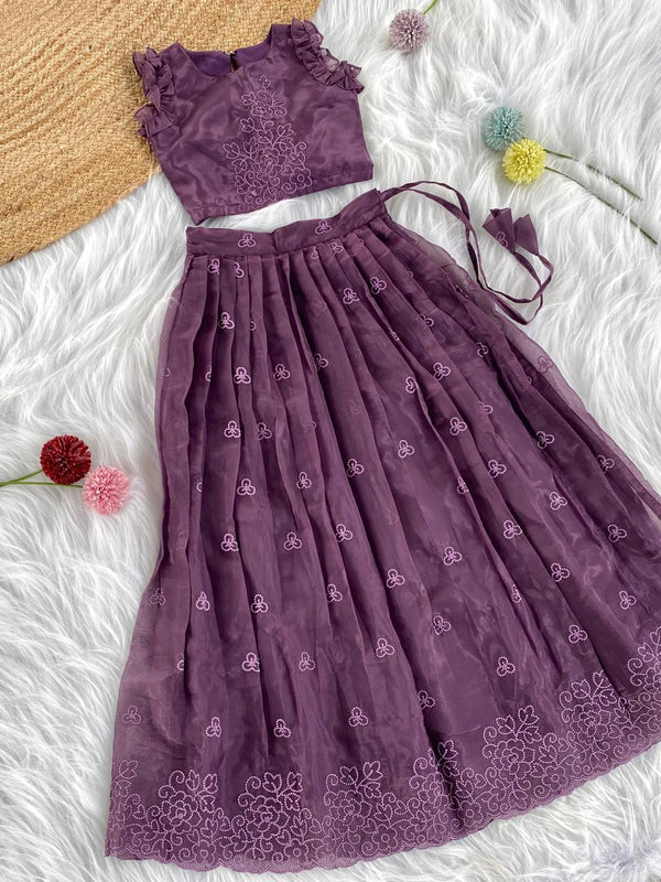 Attractive Dark Purple Color Party Wear Kids Lehenga Choli