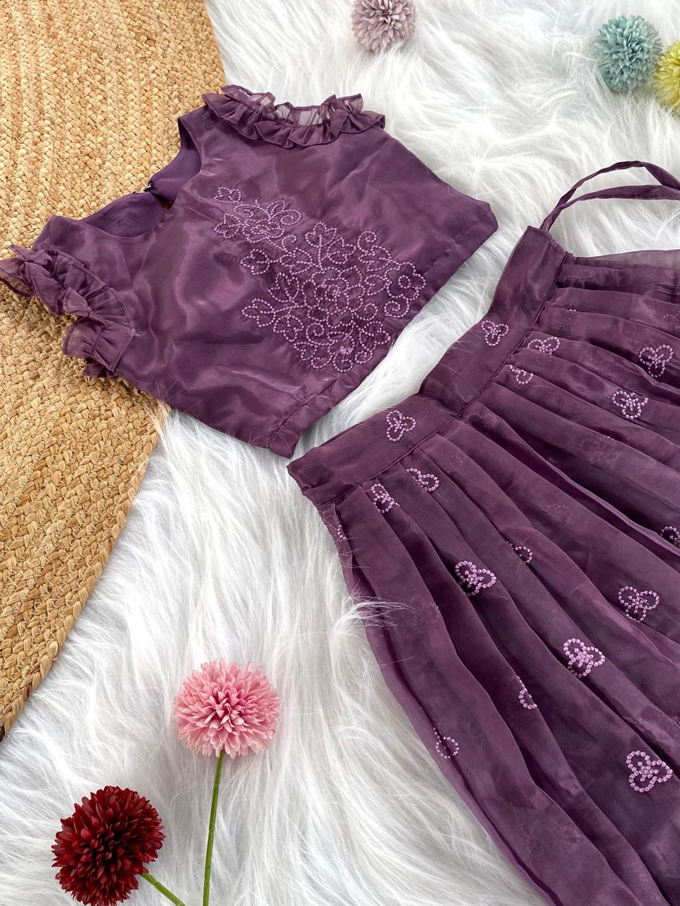 Attractive Dark Purple Color Party Wear Kids Lehenga Choli