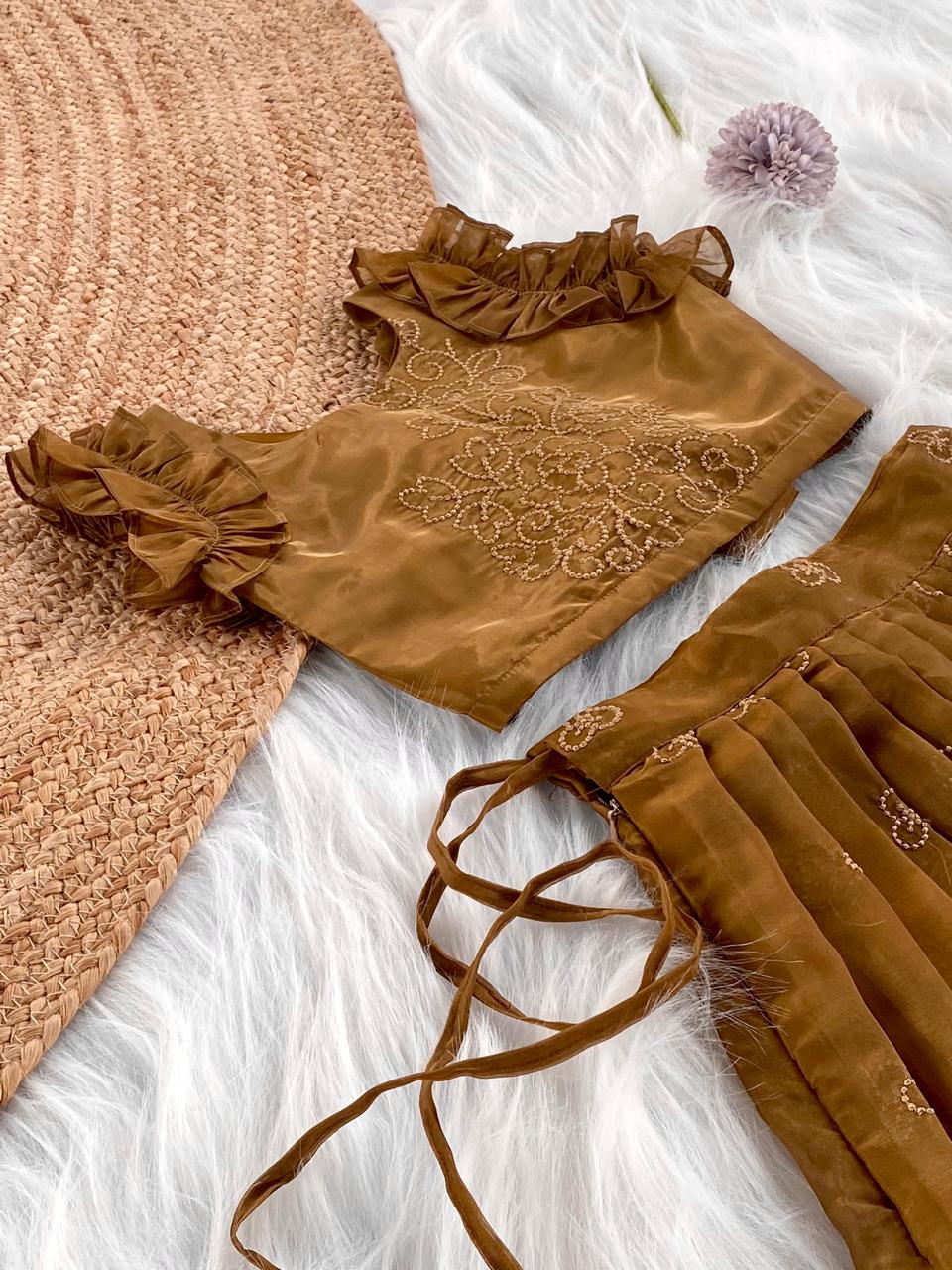 Attractive Brown Color Wedding Wear Kids Lehenga Choli