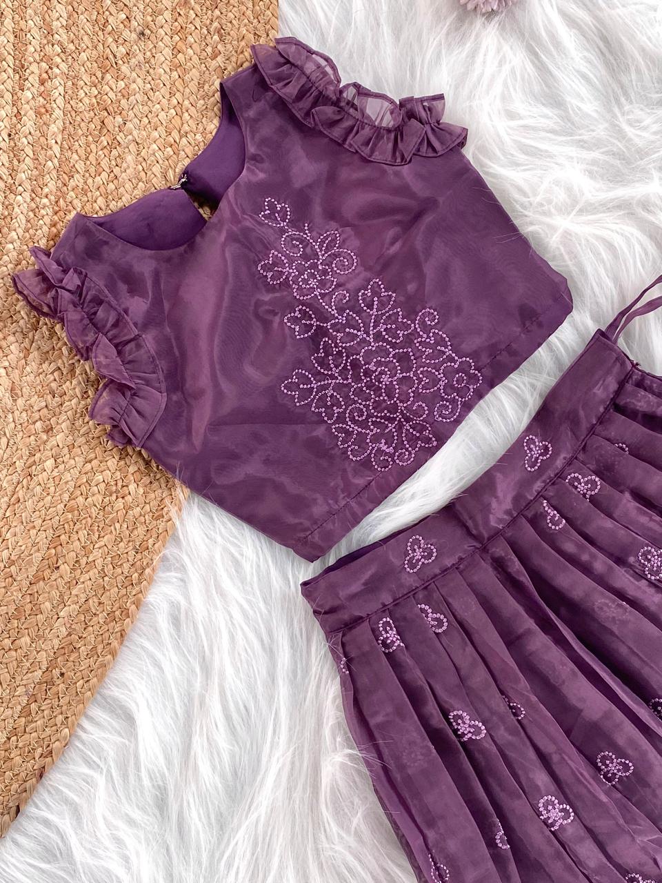 Attractive Dark Purple Color Party Wear Kids Lehenga Choli
