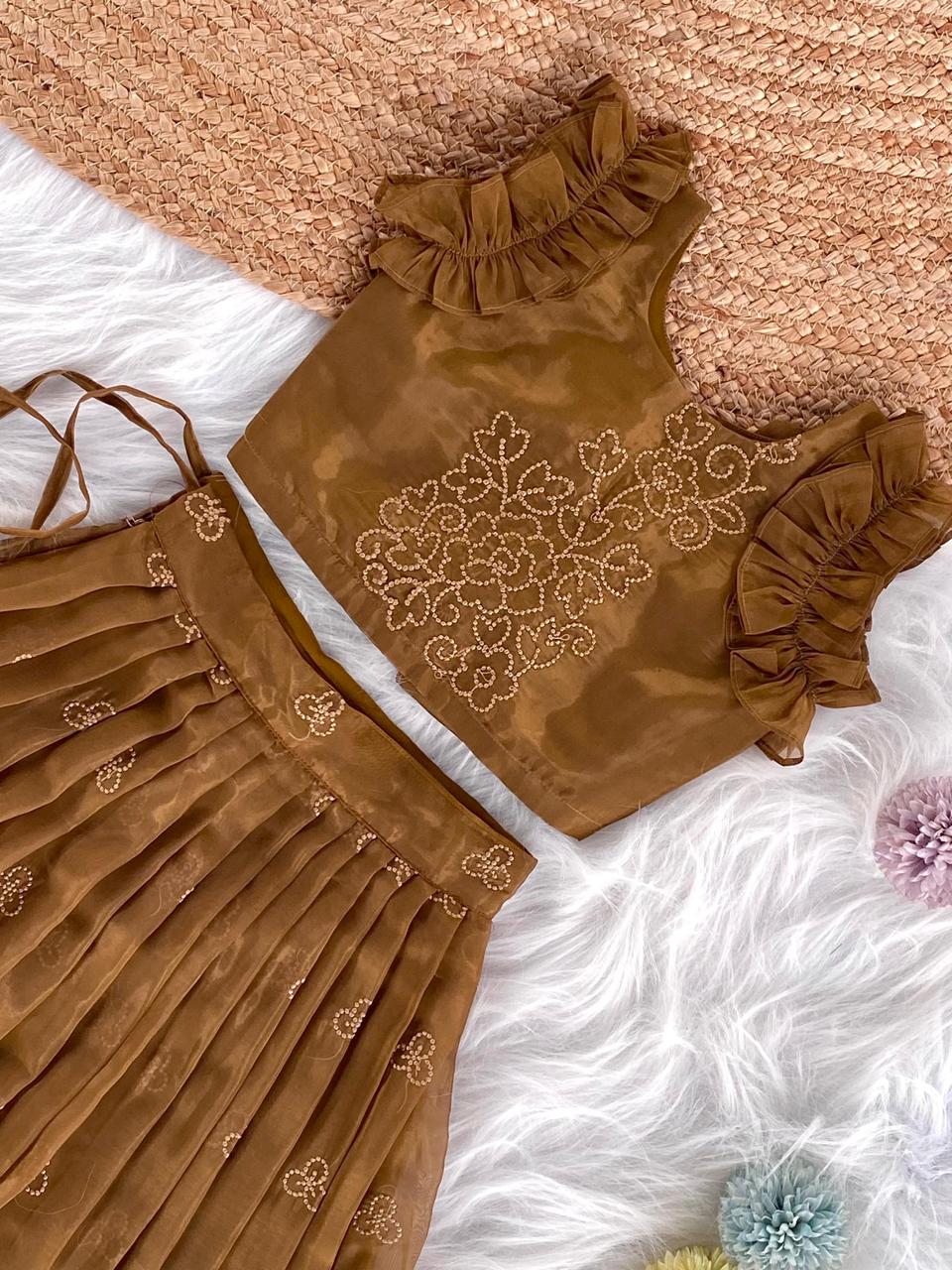 Attractive Brown Color Wedding Wear Kids Lehenga Choli