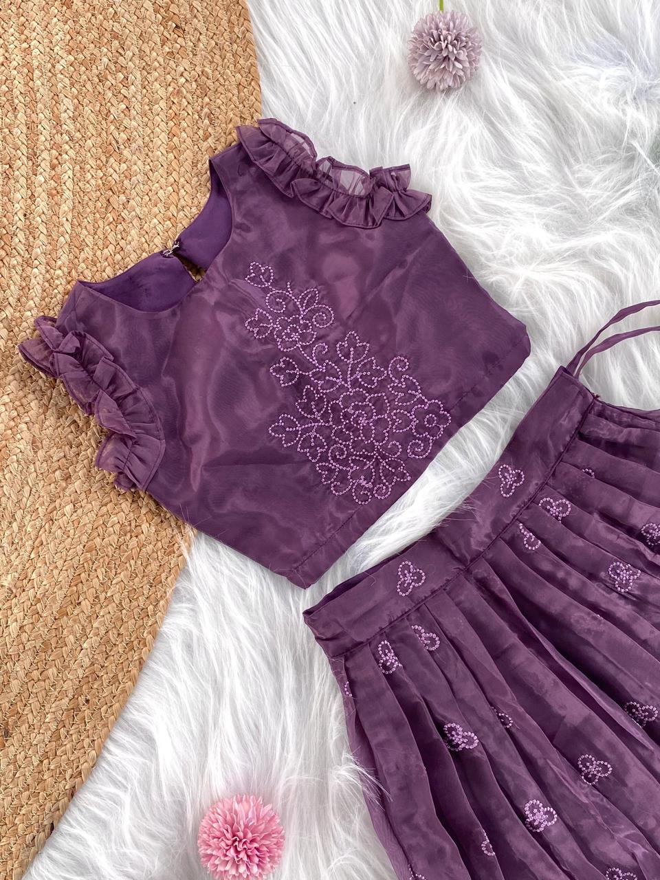 Attractive Dark Purple Color Party Wear Kids Lehenga Choli
