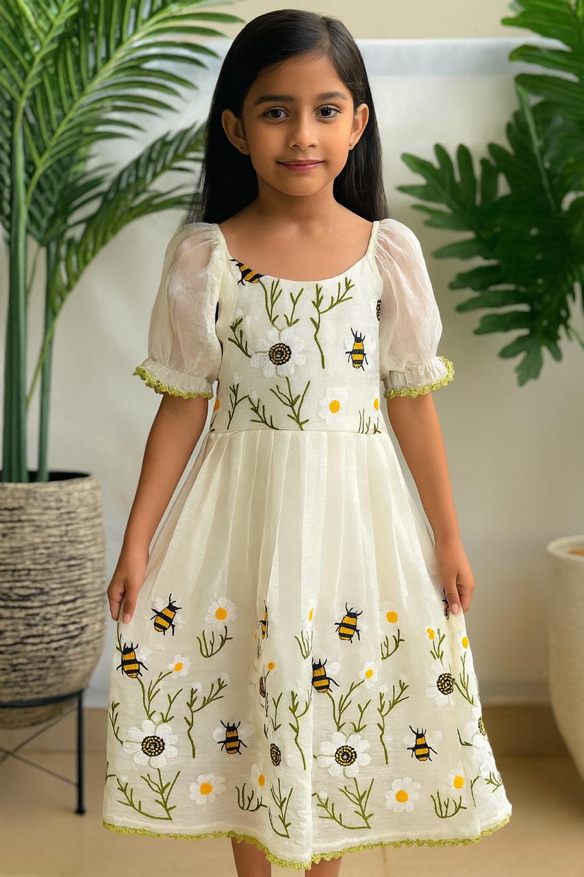 Designer Off White Color Flared Dress For Girls