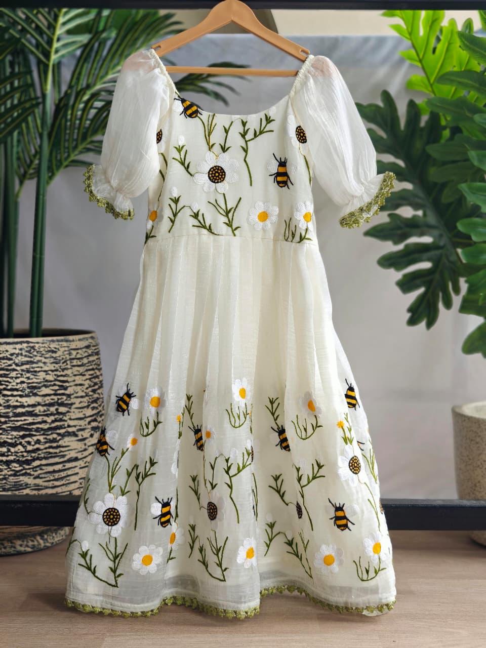 Designer Off White Color Flared Dress For Girls