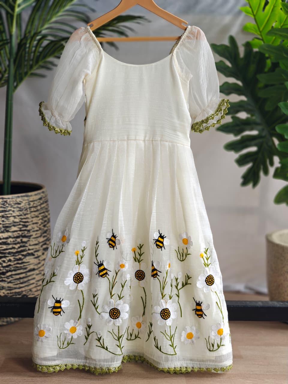 Designer Off White Color Flared Dress For Girls