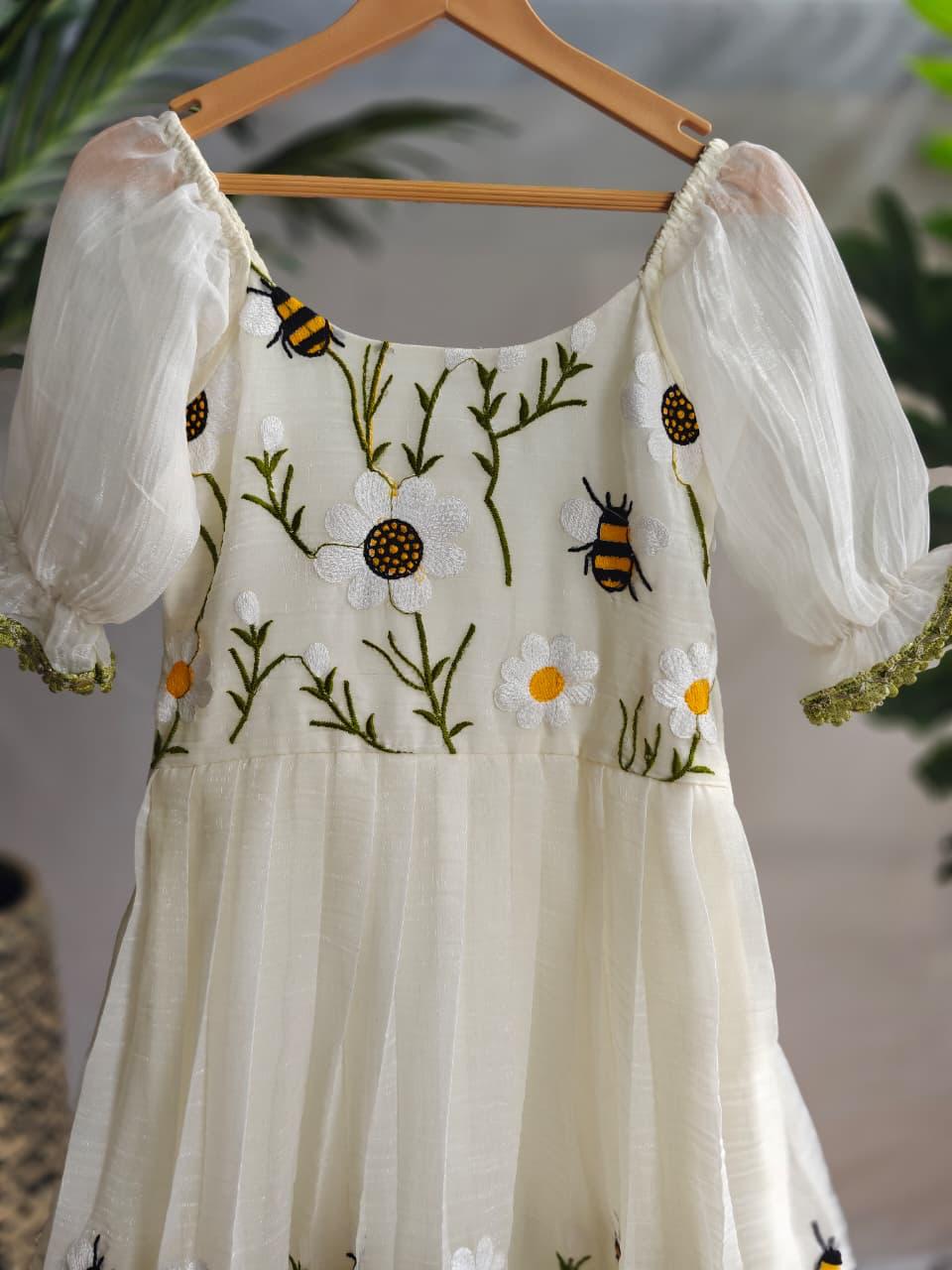 Designer Off White Color Flared Dress For Girls