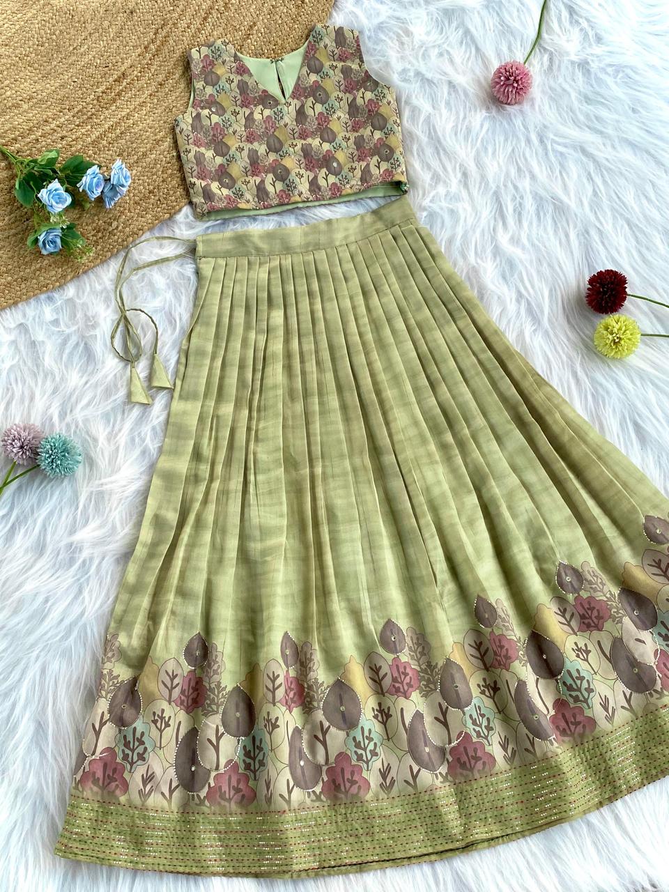 Attractive Green Color Wedding Wear Lehenga Choli For Girls