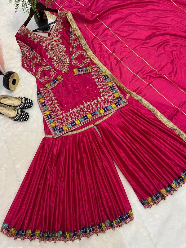 Party Wear Pink Color Heavy Chinon With Heavy Embroidery Sequence Work Sharara Suit