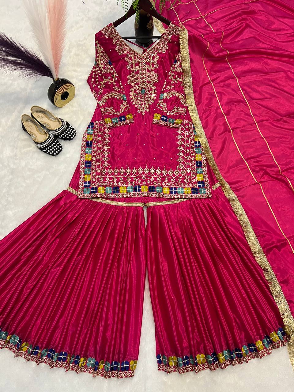 Party Wear Pink Color Heavy Chinon With Heavy Embroidery Sequence Work Sharara Suit
