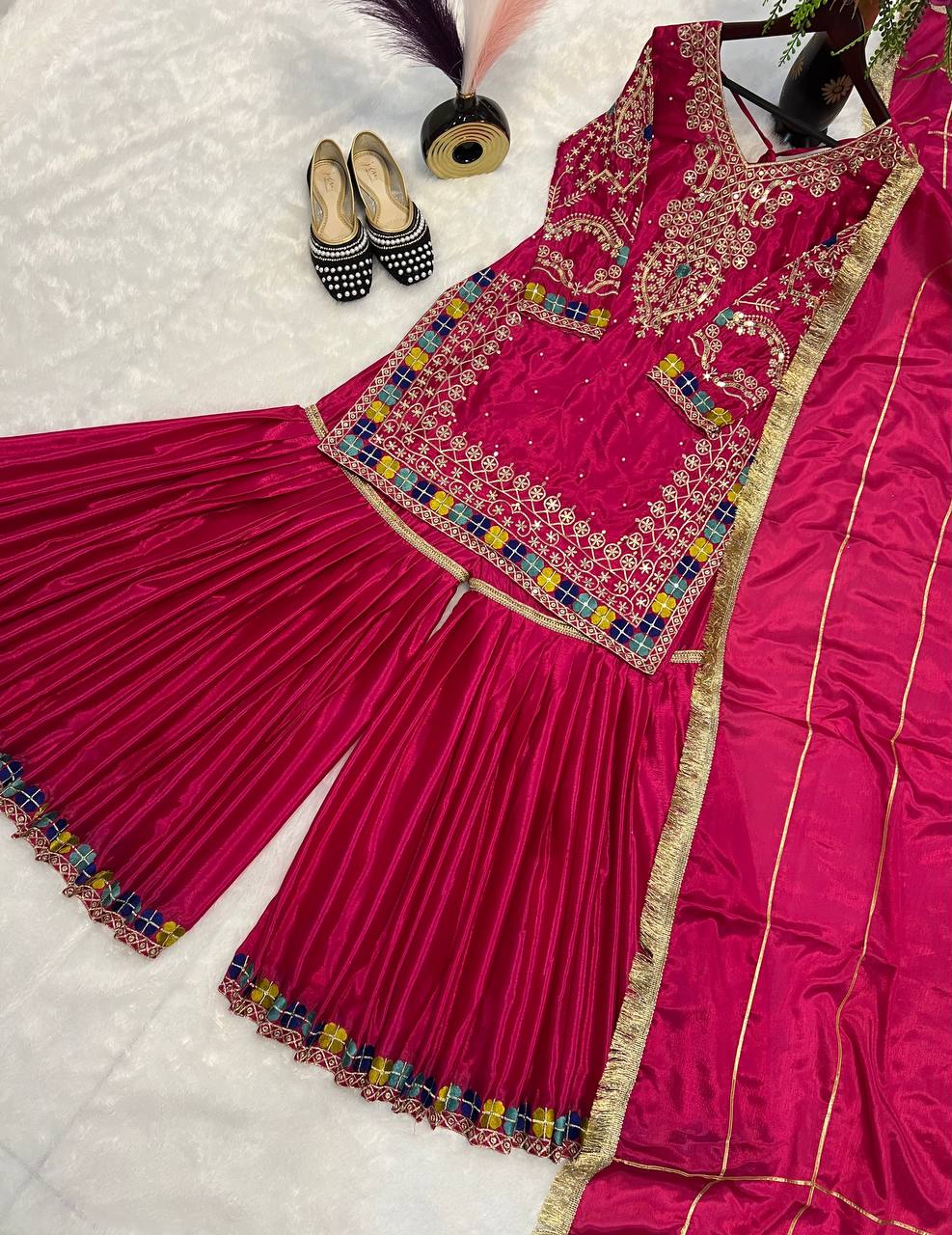 Party Wear Pink Color Heavy Chinon With Heavy Embroidery Sequence Work Sharara Suit