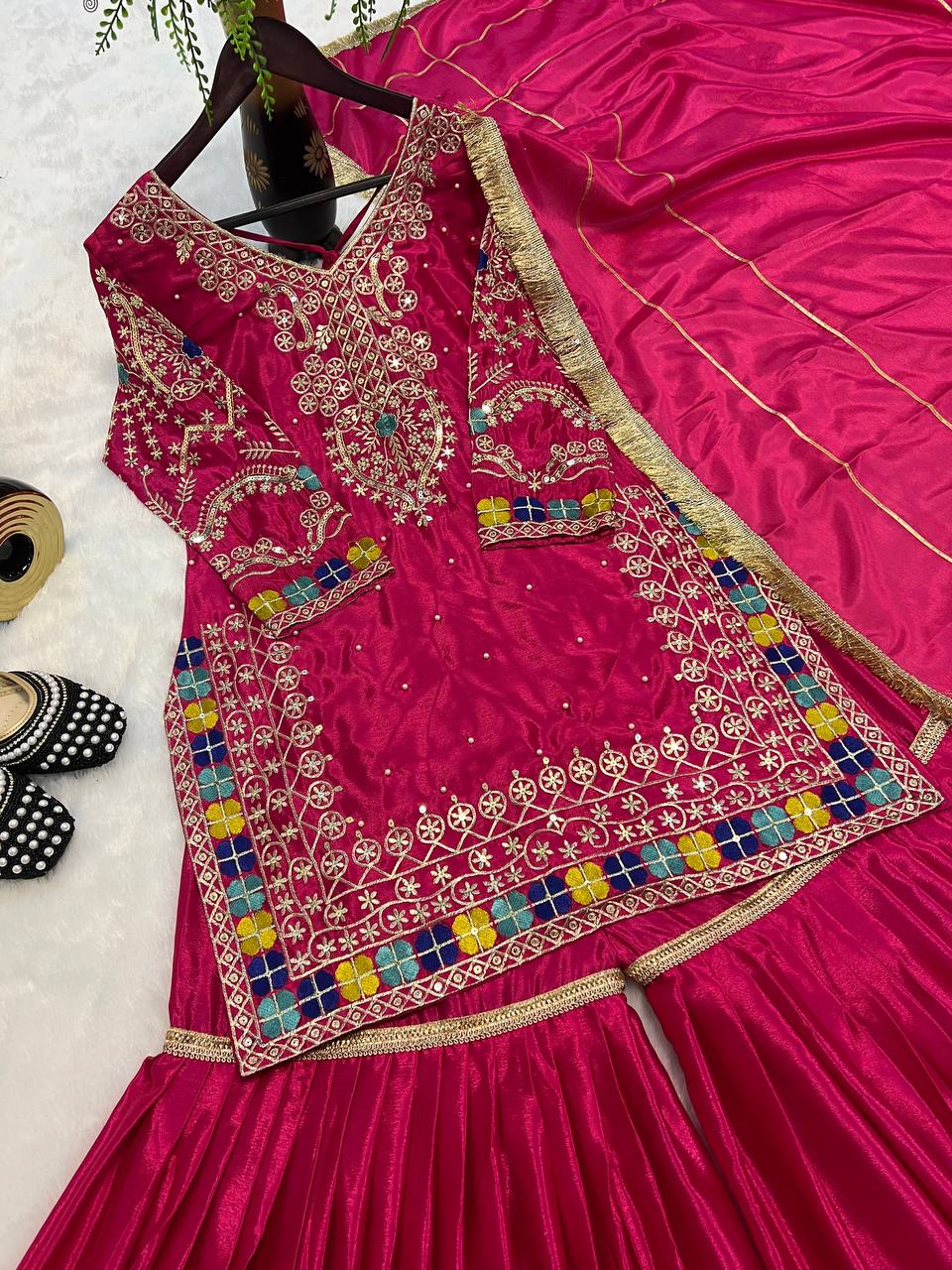 Party Wear Pink Color Heavy Chinon With Heavy Embroidery Sequence Work Sharara Suit