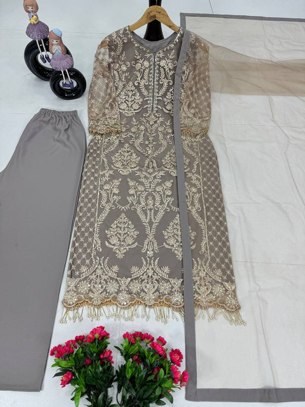 Eyes Catching Grey Color Embroidery Sequences Work With Heavy Dimond Work Salwar Suit