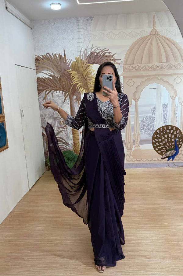 Bollywood Style Purple Color Fully Embroidery Work Blouse Ready To Wear Saree