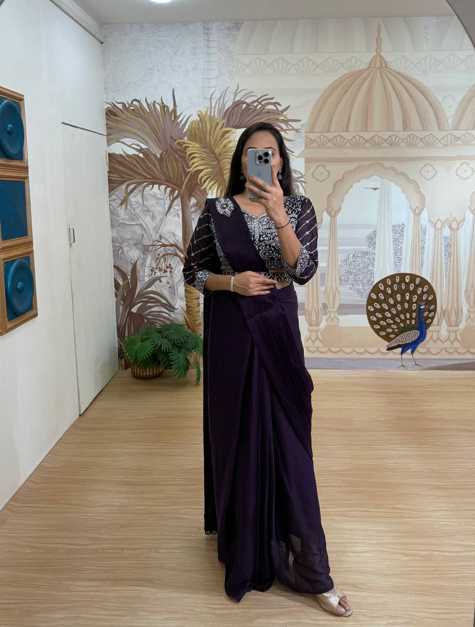 Bollywood Style Purple Color Fully Embroidery Work Blouse Ready To Wear Saree