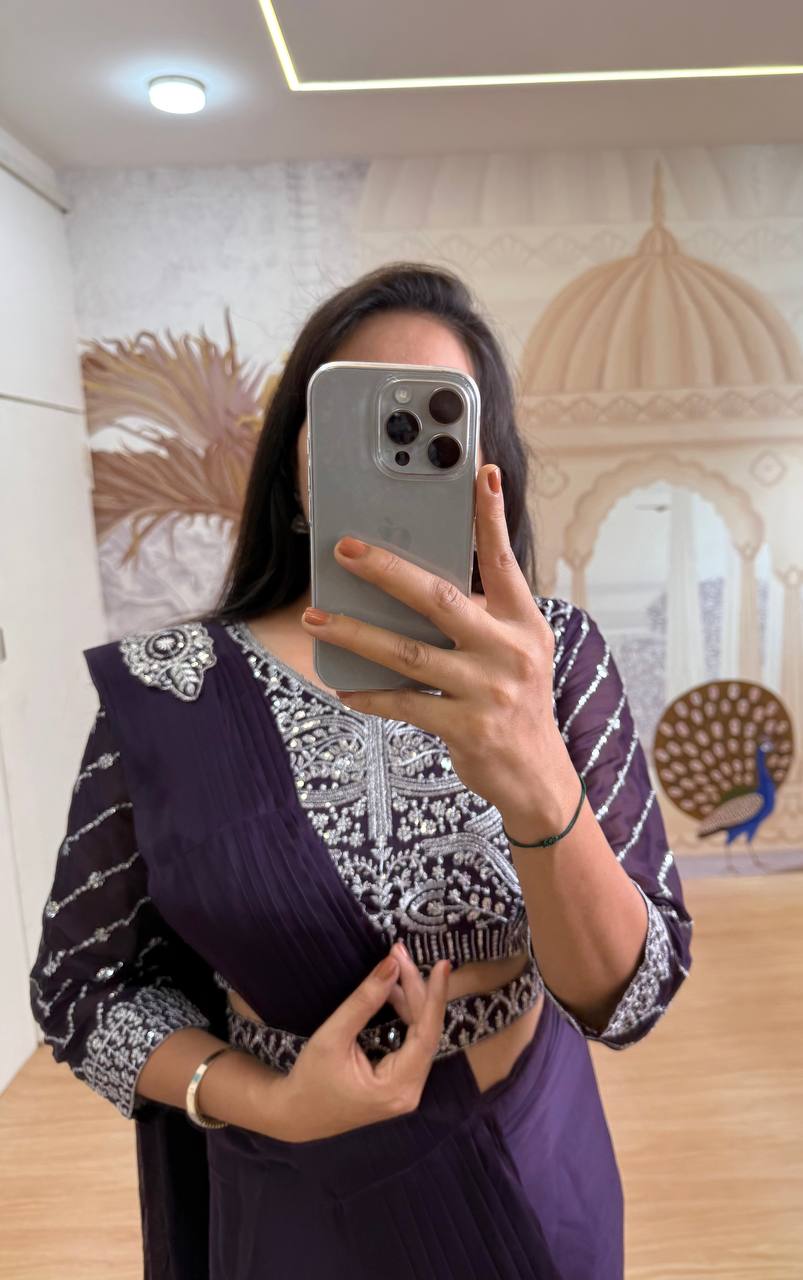 Bollywood Style Purple Color Fully Embroidery Work Blouse Ready To Wear Saree