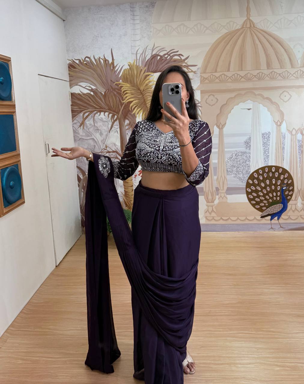 Bollywood Style Purple Color Fully Embroidery Work Blouse Ready To Wear Saree