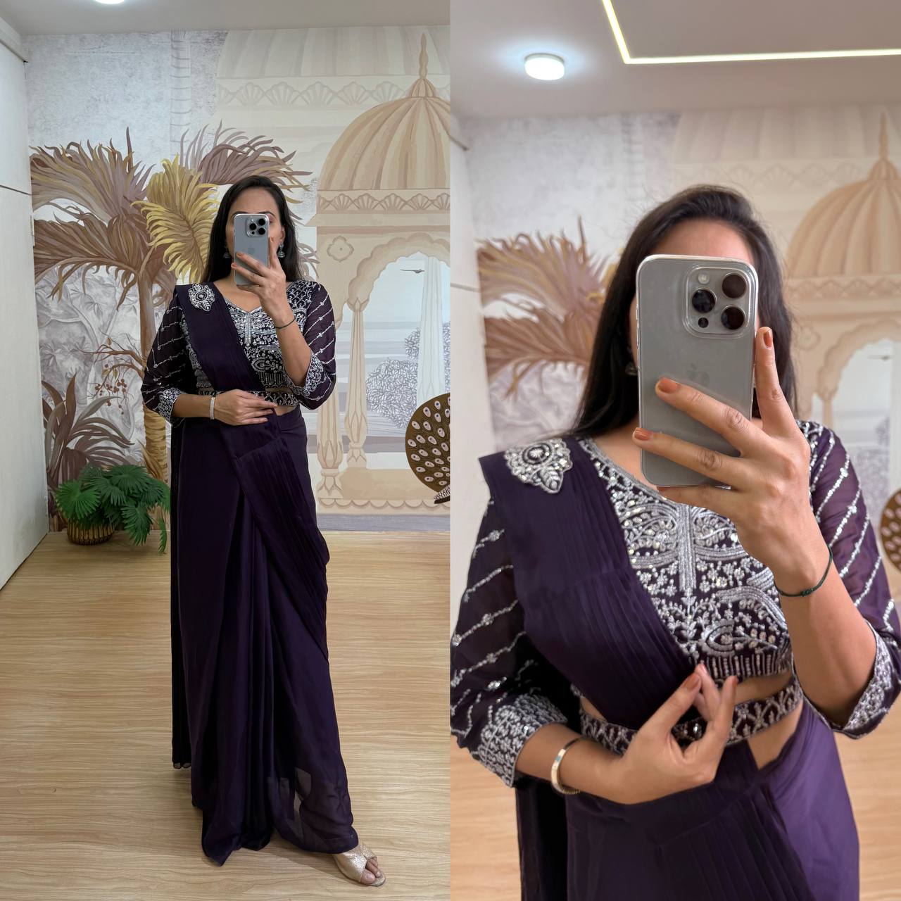 Bollywood Style Purple Color Fully Embroidery Work Blouse Ready To Wear Saree