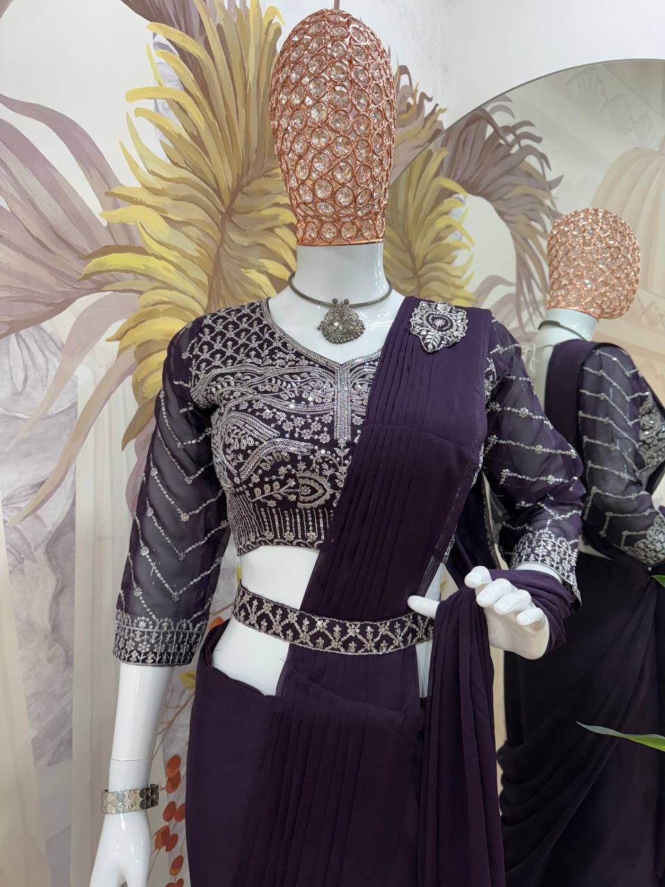 Bollywood Style Purple Color Fully Embroidery Work Blouse Ready To Wear Saree