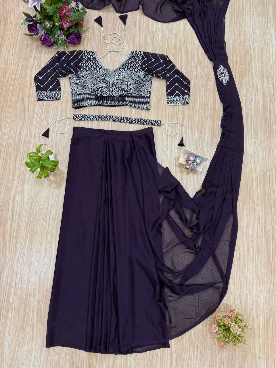 Bollywood Style Purple Color Fully Embroidery Work Blouse Ready To Wear Saree