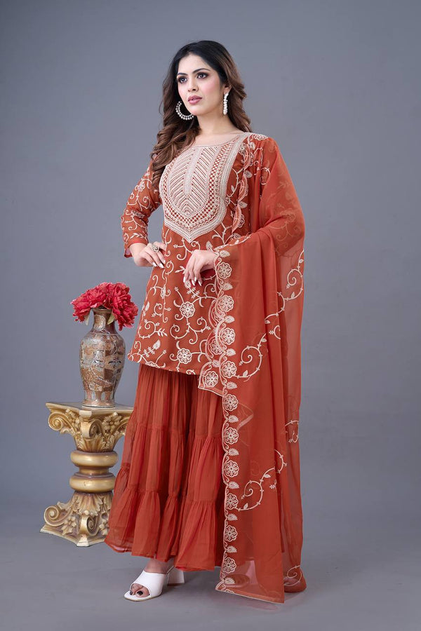 Ceremony Wear Orange Color Heavy Georgette Embroidery Work Sharara Suit