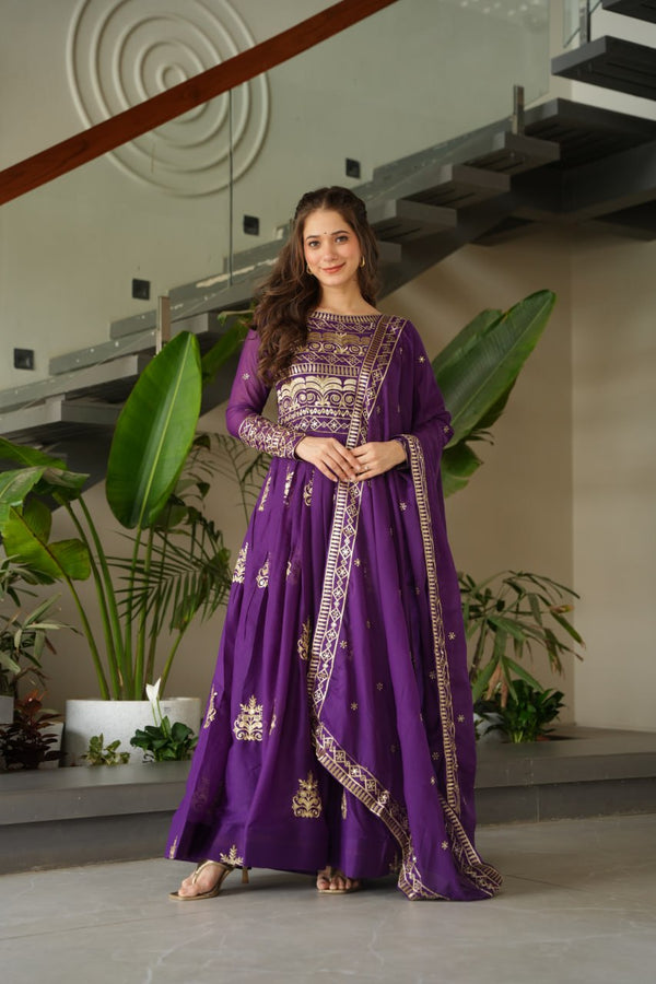 Wedding Wear Purple Color Sequins-Multi And Beads Embroidered Work Gown