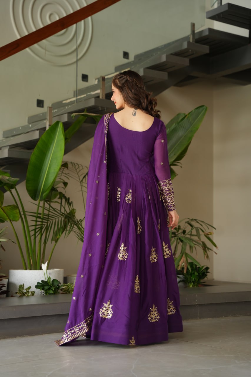Wedding Wear Purple Color Sequins-Multi And Beads Embroidered Work Gown