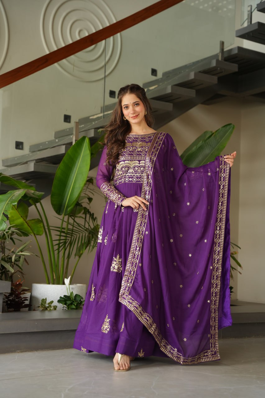 Wedding Wear Purple Color Sequins-Multi And Beads Embroidered Work Gown