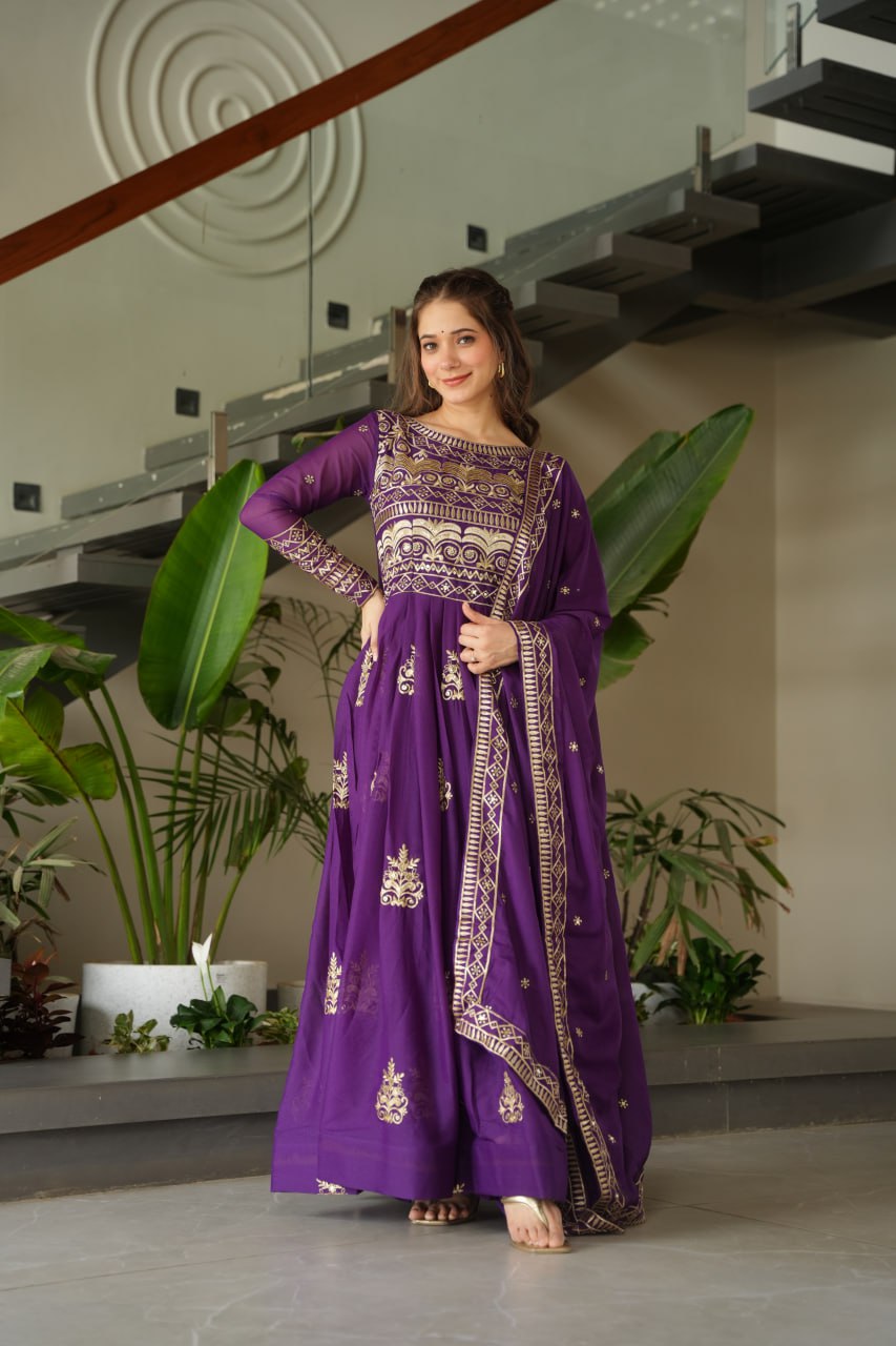 Wedding Wear Purple Color Sequins-Multi And Beads Embroidered Work Gown