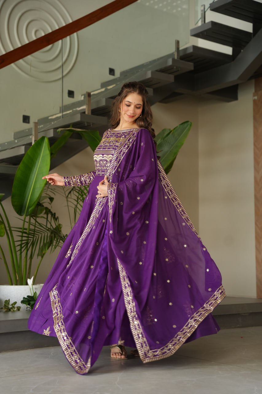 Wedding Wear Purple Color Sequins-Multi And Beads Embroidered Work Gown