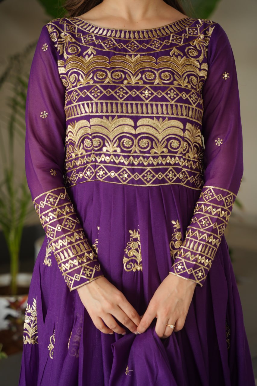 Wedding Wear Purple Color Sequins-Multi And Beads Embroidered Work Gown