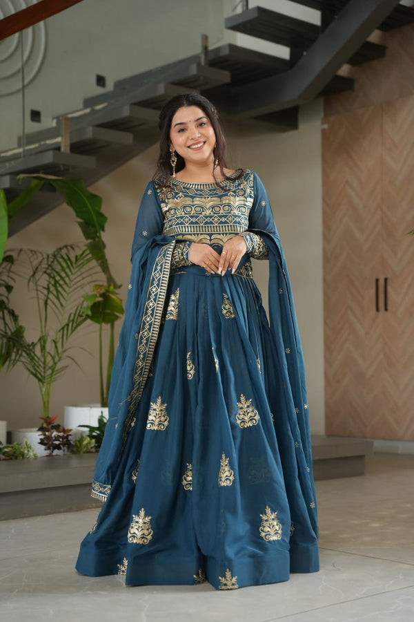 Wedding Wear Teal Color Sequins-Multi And Beads Embroidered Work Gown