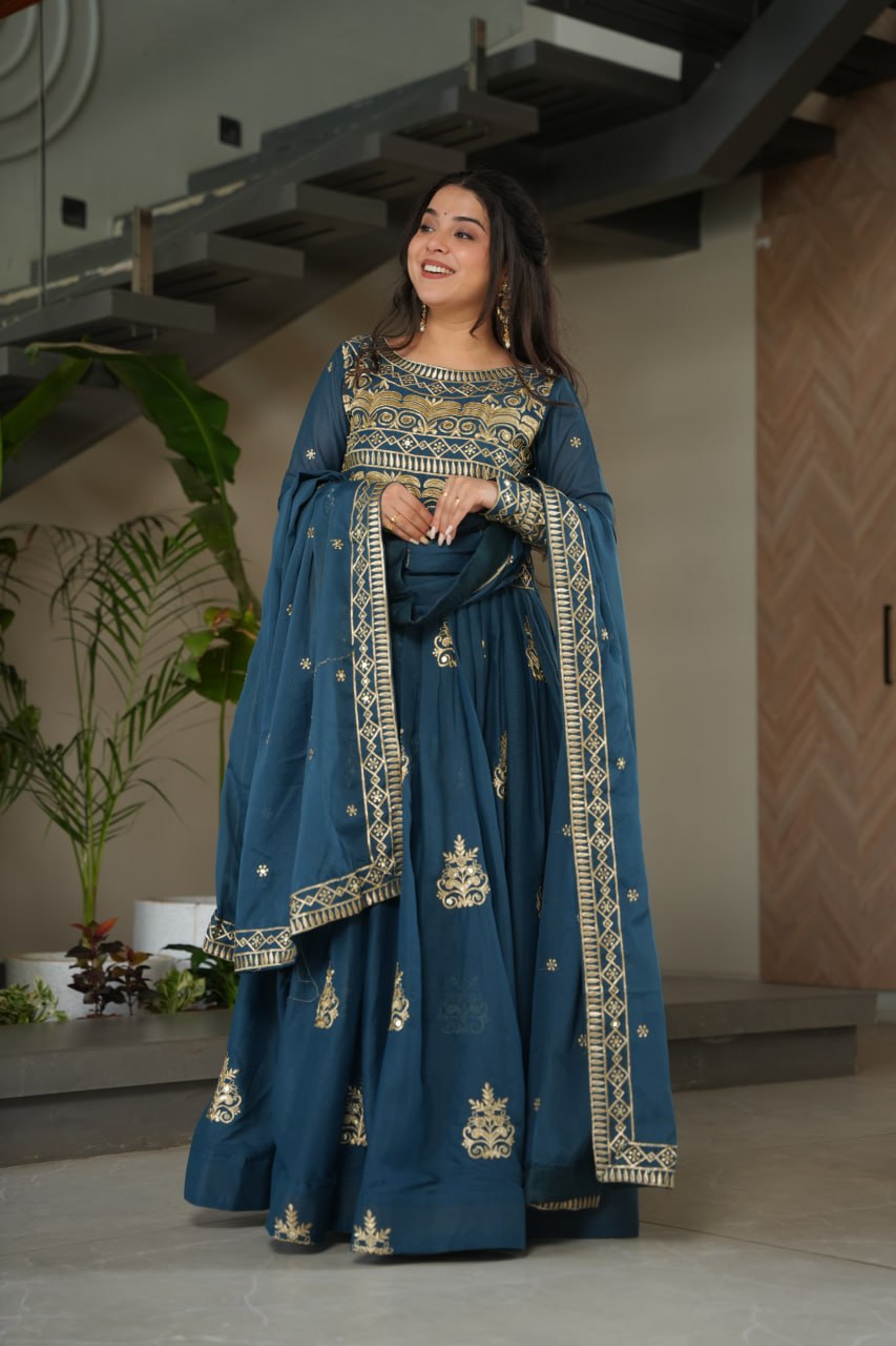 Wedding Wear Teal Color Sequins-Multi And Beads Embroidered Work Gown