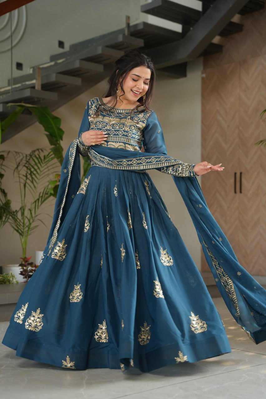 Wedding Wear Teal Color Sequins-Multi And Beads Embroidered Work Gown