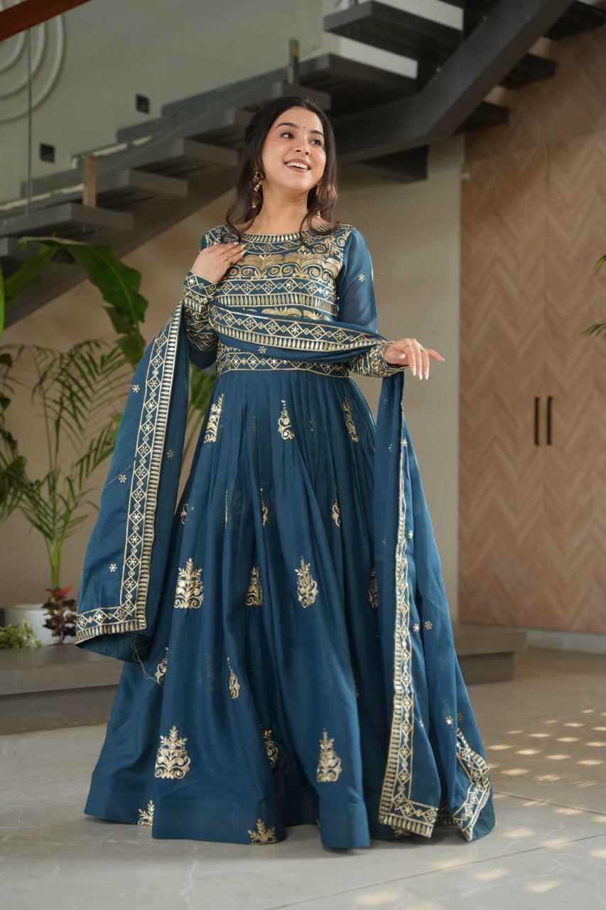 Wedding Wear Teal Color Sequins-Multi And Beads Embroidered Work Gown